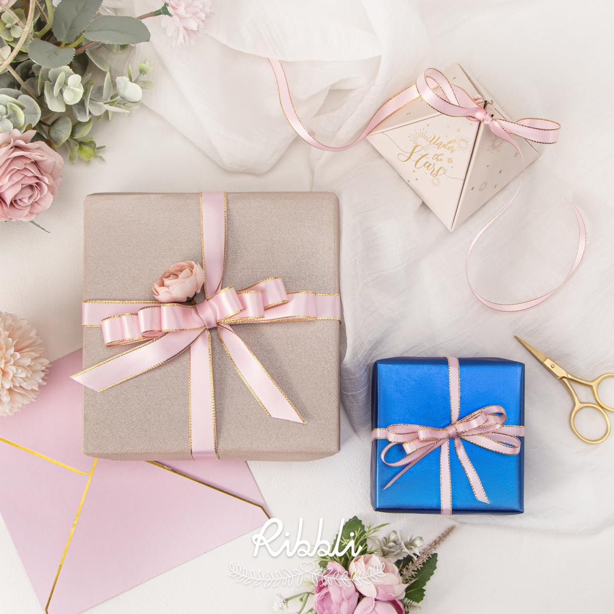 Light Pink Satin Ribbon with Gold Edge,Double Faced Satin 5/8 Inch x Continuous 25 Yards,Baby Pink Ribbon Use for Crafts, Gift Wrapping, Wedding Card Decoration