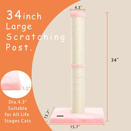 34inch Cat Scratching Post with Natural Sisal Rope 4.3Inch Large Diameter Scratcher Post Tree for Indoor Cats Pink