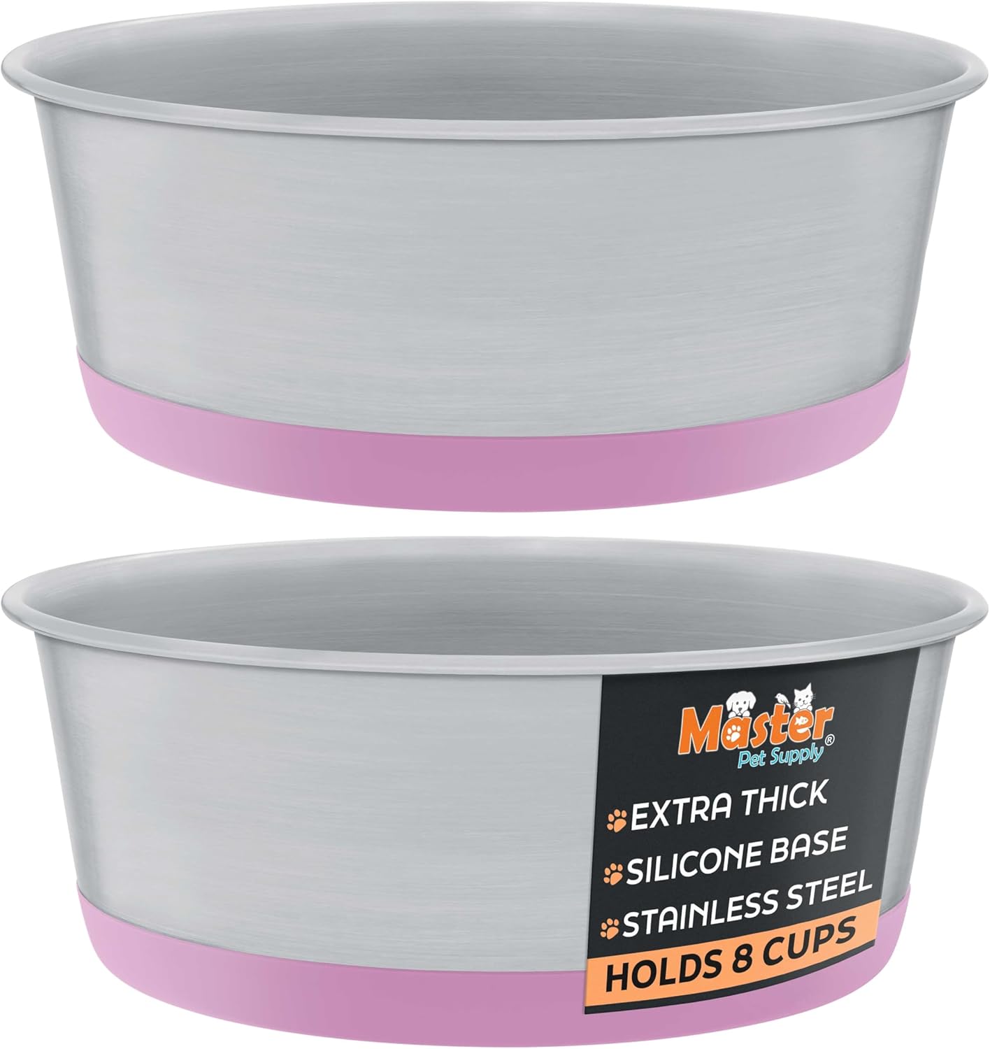 Stainless Steel Dog Bowls Set of 2 with Extra Thick Silicone Base - 8 Cup (64 oz) Hyper Pink, Non-Slip, Dishwasher Safe Metal Bowls, Pet Dog Food Bowl for Dogs, Cats, Anti Rust