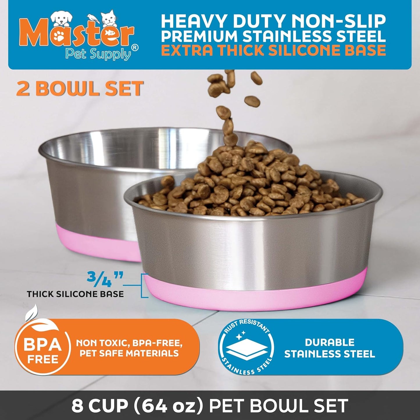Stainless Steel Dog Bowls Set of 2 with Extra Thick Silicone Base - 8 Cup (64 oz) Hyper Pink, Non-Slip, Dishwasher Safe Metal Bowls, Pet Dog Food Bowl for Dogs, Cats, Anti Rust