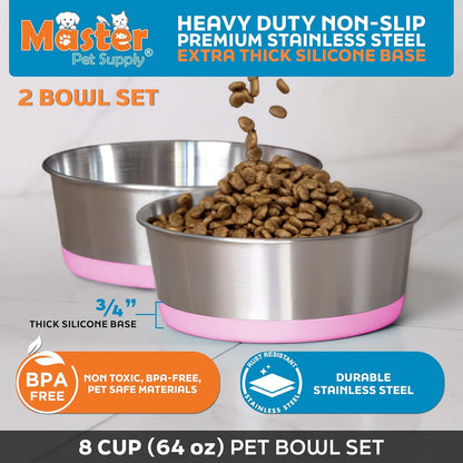 Stainless Steel Dog Bowls Set of 2 with Extra Thick Silicone Base - 8 Cup (64 oz) Hyper Pink, Non-Slip, Dishwasher Safe Metal Bowls, Pet Dog Food Bowl for Dogs, Cats, Anti Rust
