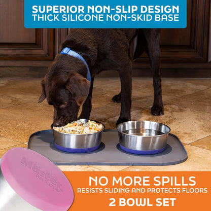 Stainless Steel Dog Bowls Set of 2 with Extra Thick Silicone Base - 8 Cup (64 oz) Hyper Pink, Non-Slip, Dishwasher Safe Metal Bowls, Pet Dog Food Bowl for Dogs, Cats, Anti Rust
