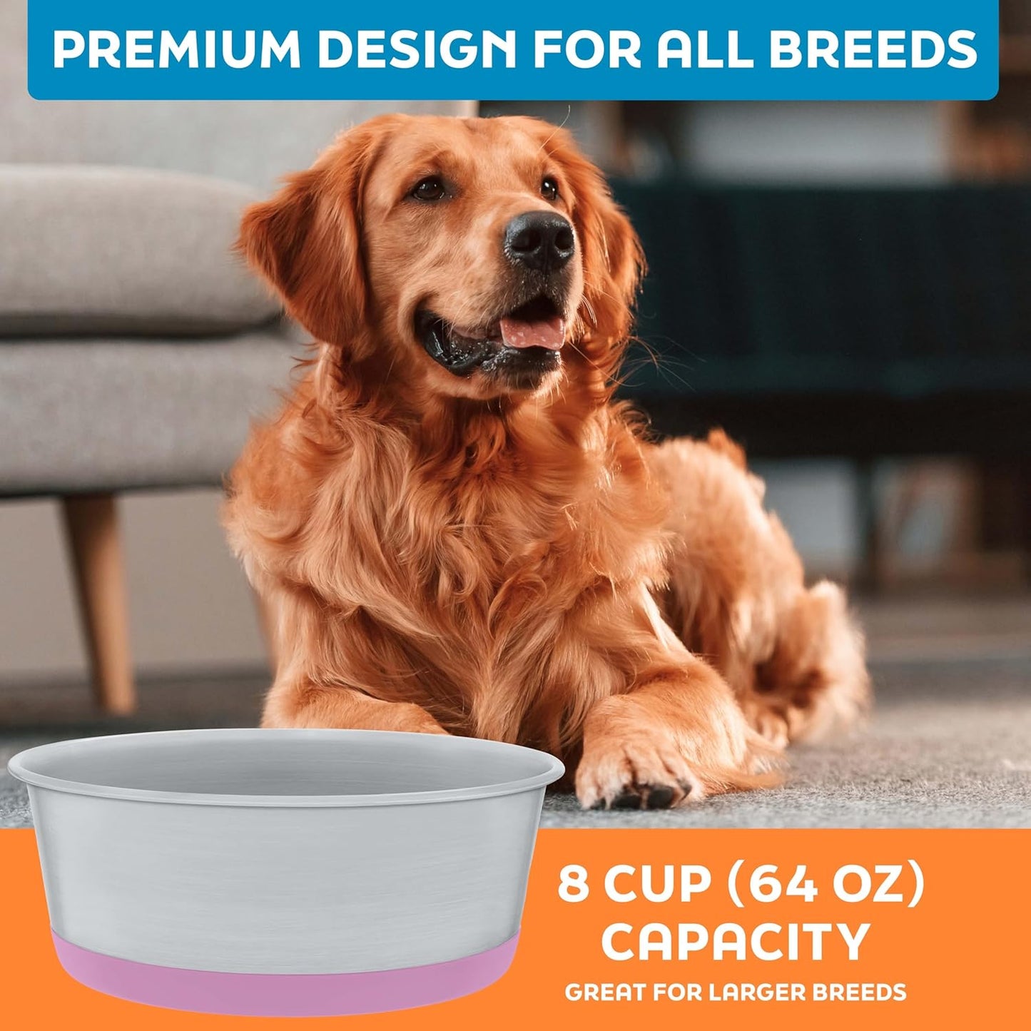 Stainless Steel Dog Bowls Set of 2 with Extra Thick Silicone Base - 8 Cup (64 oz) Hyper Pink, Non-Slip, Dishwasher Safe Metal Bowls, Pet Dog Food Bowl for Dogs, Cats, Anti Rust