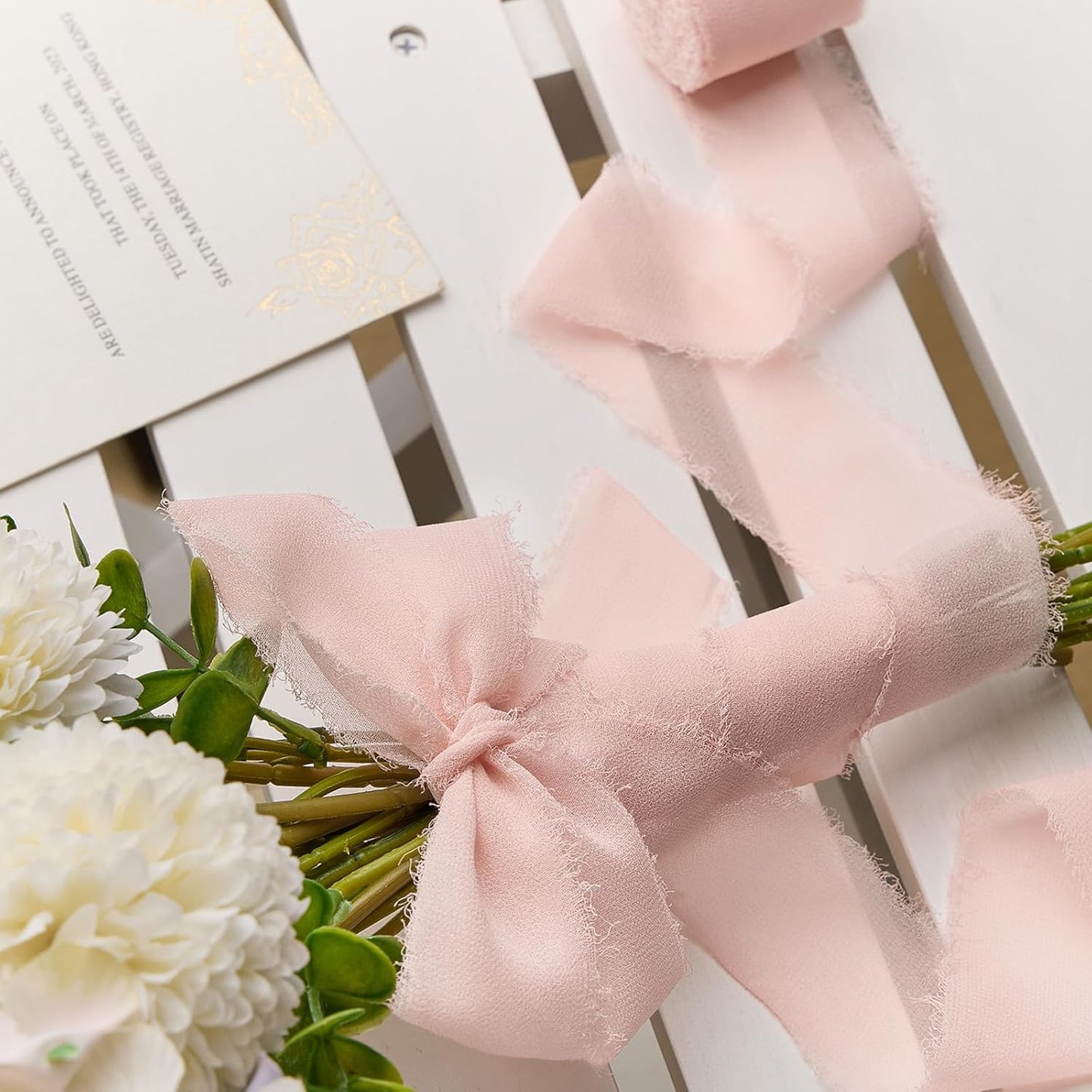 Blush Pink Chiffon Ribbon 1.5" x 21 Yd | Handmade Fringe, Silk Ribbon, For Gift Wrapping, Wedding Invitation, Bridal Flower Bouquet, DIY Crafts, Home Decor