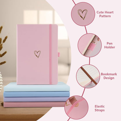 A5 Lined Journal Notebook, Hardcover Note Book Leather Journals for Girls Women,Cute Heart Pattern Design A5 Diary Notepad for Work, Note Taking, Business (Pink)