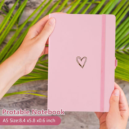 A5 Lined Journal Notebook, Hardcover Note Book Leather Journals for Girls Women,Cute Heart Pattern Design A5 Diary Notepad for Work, Note Taking, Business (Pink)