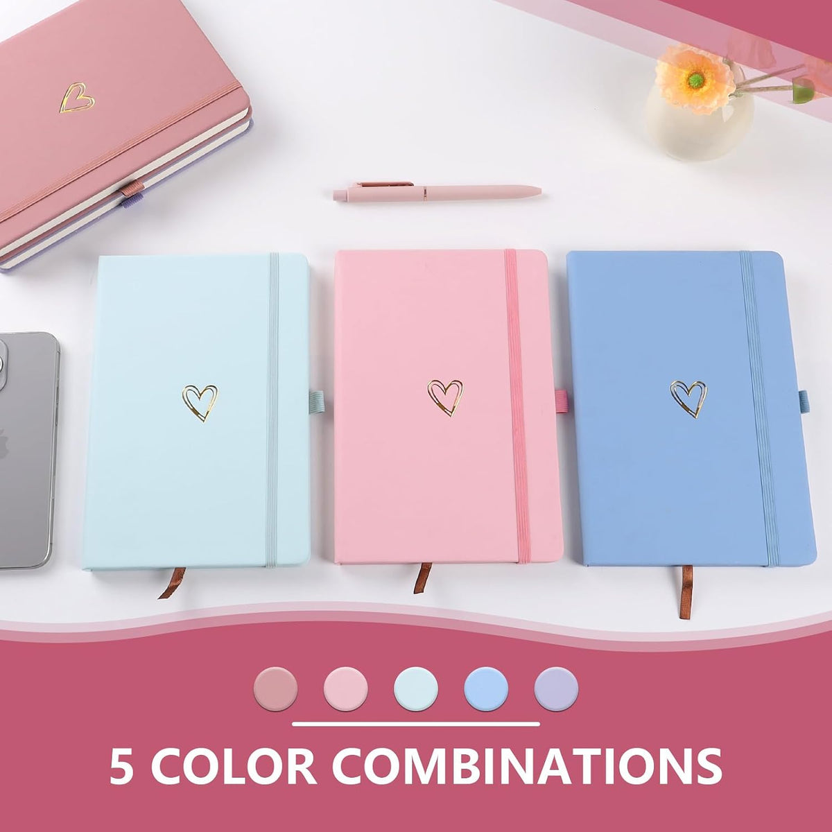 A5 Lined Journal Notebook, Hardcover Note Book Leather Journals for Girls Women,Cute Heart Pattern Design A5 Diary Notepad for Work, Note Taking, Business (Pink)