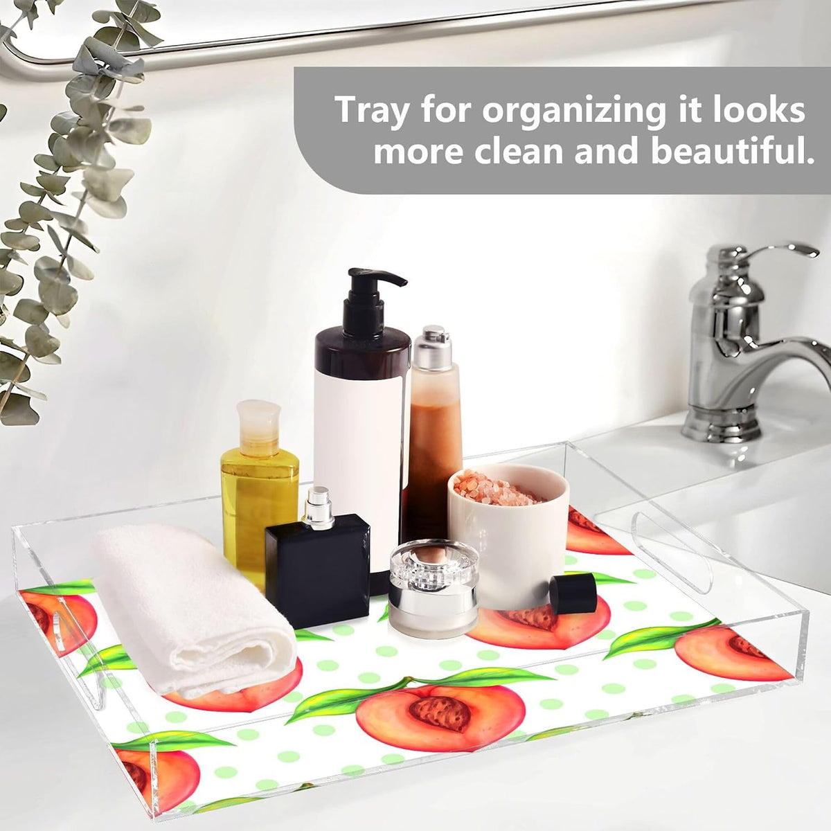 Peach Serving Tray, 15.7x11.8 Inches Decorative Acrylic Tray with Handles for Breakfast, Coffee Table, Bathroom Organizer, Storage Tray