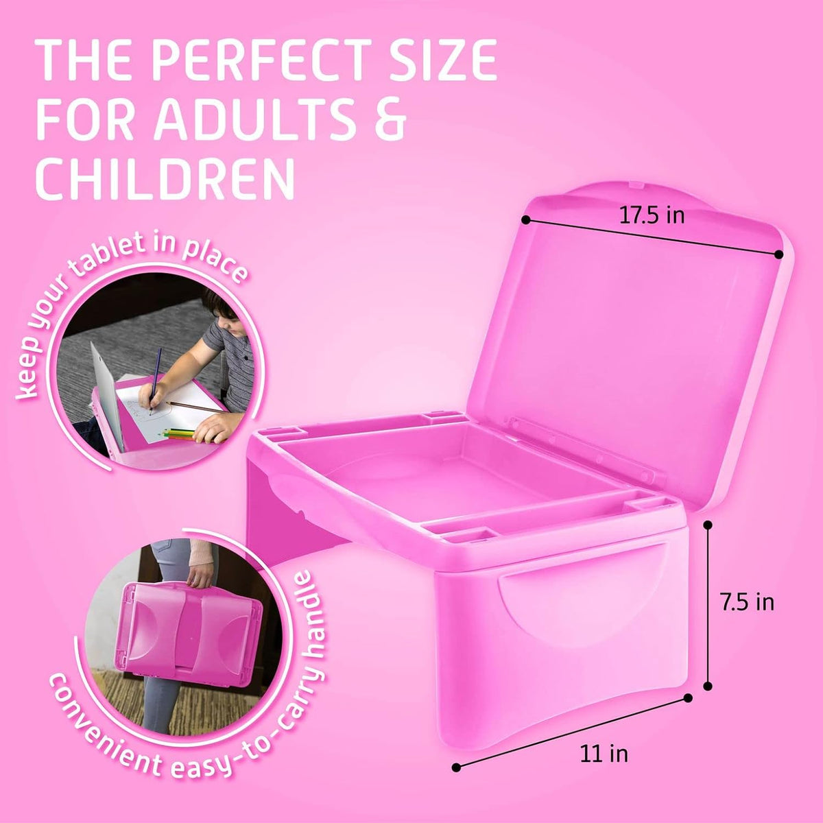 Foldable Kids Lap Tray with Storage - Portable Lap Desk Kids & Adults - Kids Lap Desk for Breakfast in Bed, Serving Tray, Car Desk & Gaming (Pink)
