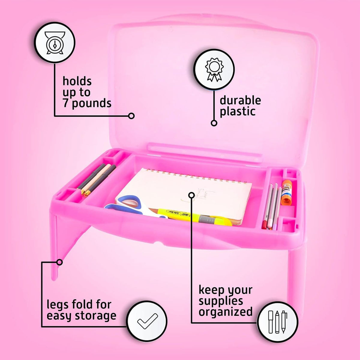 Foldable Kids Lap Tray with Storage - Portable Lap Desk Kids & Adults - Kids Lap Desk for Breakfast in Bed, Serving Tray, Car Desk & Gaming (Pink)
