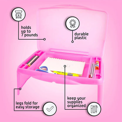 Foldable Kids Lap Tray with Storage - Portable Lap Desk Kids & Adults - Kids Lap Desk for Breakfast in Bed, Serving Tray, Car Desk & Gaming (Pink)