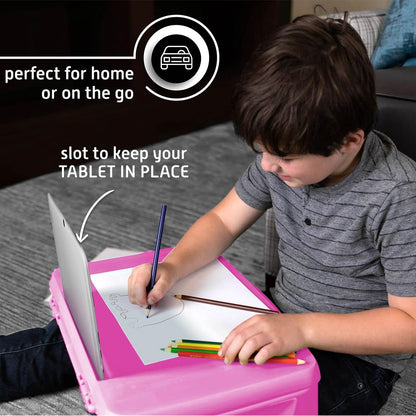Foldable Kids Lap Tray with Storage - Portable Lap Desk Kids & Adults - Kids Lap Desk for Breakfast in Bed, Serving Tray, Car Desk & Gaming (Pink)