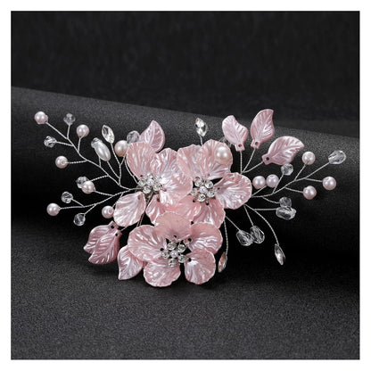 Bride Pearl Flower Hair Comb for Women and Girls, Wedding Floral Rhinestone Bridal Hair Piece Side Combs Hair Accessories for Wedding Party Daily (Pink)