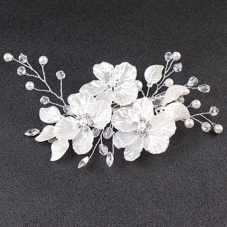Bride Pearl Flower Hair Comb for Women and Girls, Wedding Floral Rhinestone Bridal Hair Piece Side Combs Hair Accessories for Wedding Party Daily (Pink)