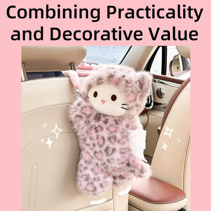 Creative Tissue Box Cover Car Tissue Holder, Cartoon Cute Cat Napkin Dispenser, Decorative Tissue Holder, Tissue Box for Car, Desk, Bedroom, Home, Table (Pink Leopard Print)