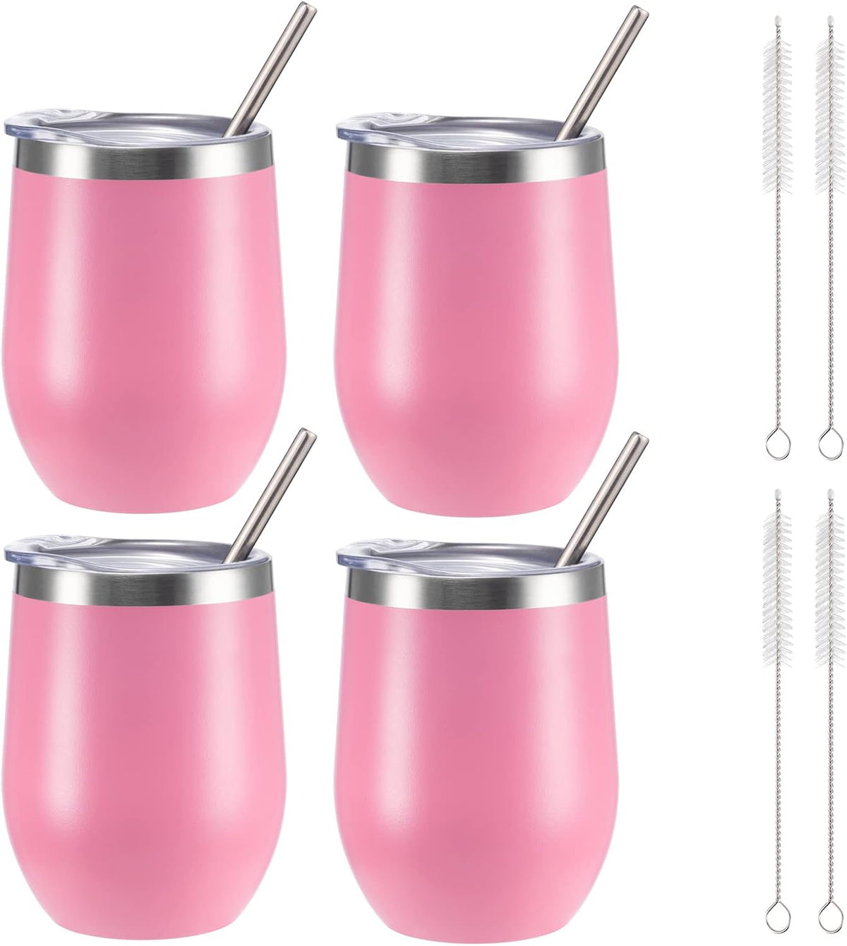 12 oz Insulated Wine Tumbler with Lid and Straw,Stainless Steel Stemless Wine Tumbler Glasses Double Wall Vacuum Wine Cups Tumbler Bulk for Coffee,Champaign,Cocktail,Office(Pink,4)