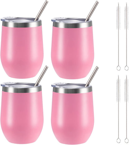 12 oz Insulated Wine Tumbler with Lid and Straw,Stainless Steel Stemless Wine Tumbler Glasses Double Wall Vacuum Wine Cups Tumbler Bulk for Coffee,Champaign,Cocktail,Office(Pink,4)