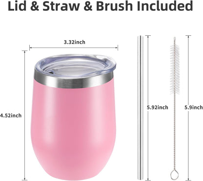 12 oz Insulated Wine Tumbler with Lid and Straw,Stainless Steel Stemless Wine Tumbler Glasses Double Wall Vacuum Wine Cups Tumbler Bulk for Coffee,Champaign,Cocktail,Office(Pink,4)