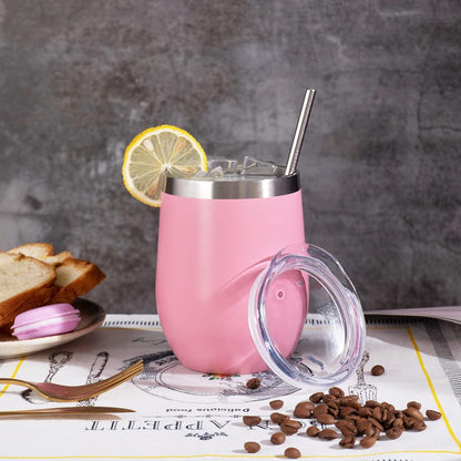 12 oz Insulated Wine Tumbler with Lid and Straw,Stainless Steel Stemless Wine Tumbler Glasses Double Wall Vacuum Wine Cups Tumbler Bulk for Coffee,Champaign,Cocktail,Office(Pink,4)