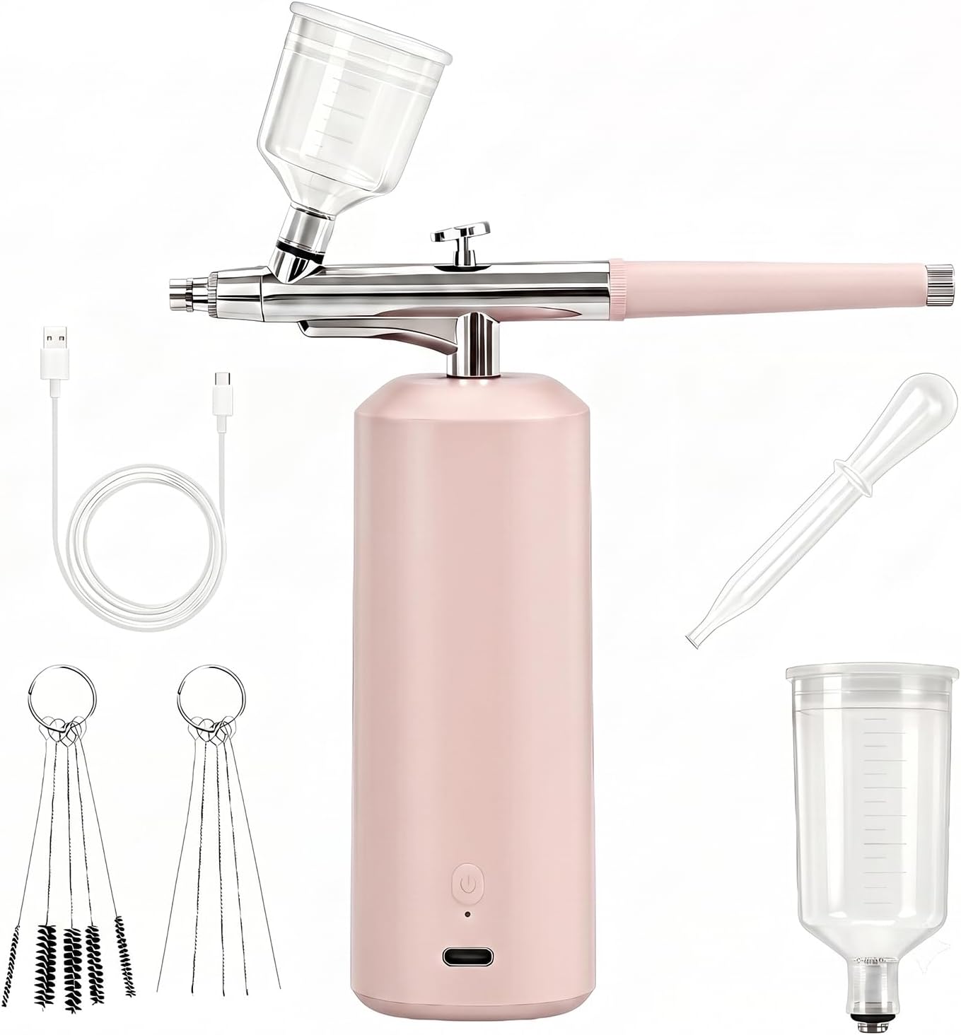 Airbrush Kit with Compressor 48PSI, Cordless Rechargeable High Pressure Air Brush Set, 0.3mm Nozzle & 2 Paint Cups for Painting, Nail Art, Cake Decor, Makeup, Modeling (Pink)