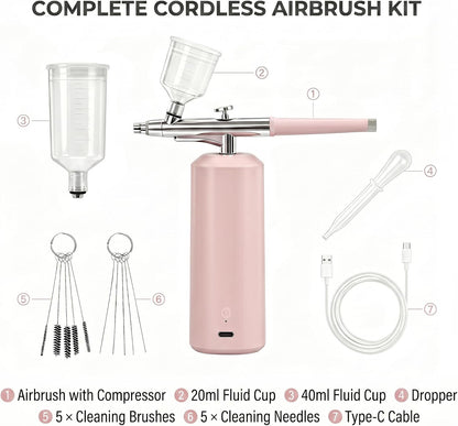 Airbrush Kit with Compressor 48PSI, Cordless Rechargeable High Pressure Air Brush Set, 0.3mm Nozzle & 2 Paint Cups for Painting, Nail Art, Cake Decor, Makeup, Modeling (Pink)