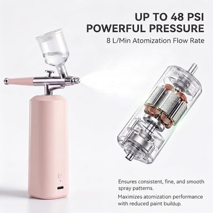 Airbrush Kit with Compressor 48PSI, Cordless Rechargeable High Pressure Air Brush Set, 0.3mm Nozzle & 2 Paint Cups for Painting, Nail Art, Cake Decor, Makeup, Modeling (Pink)