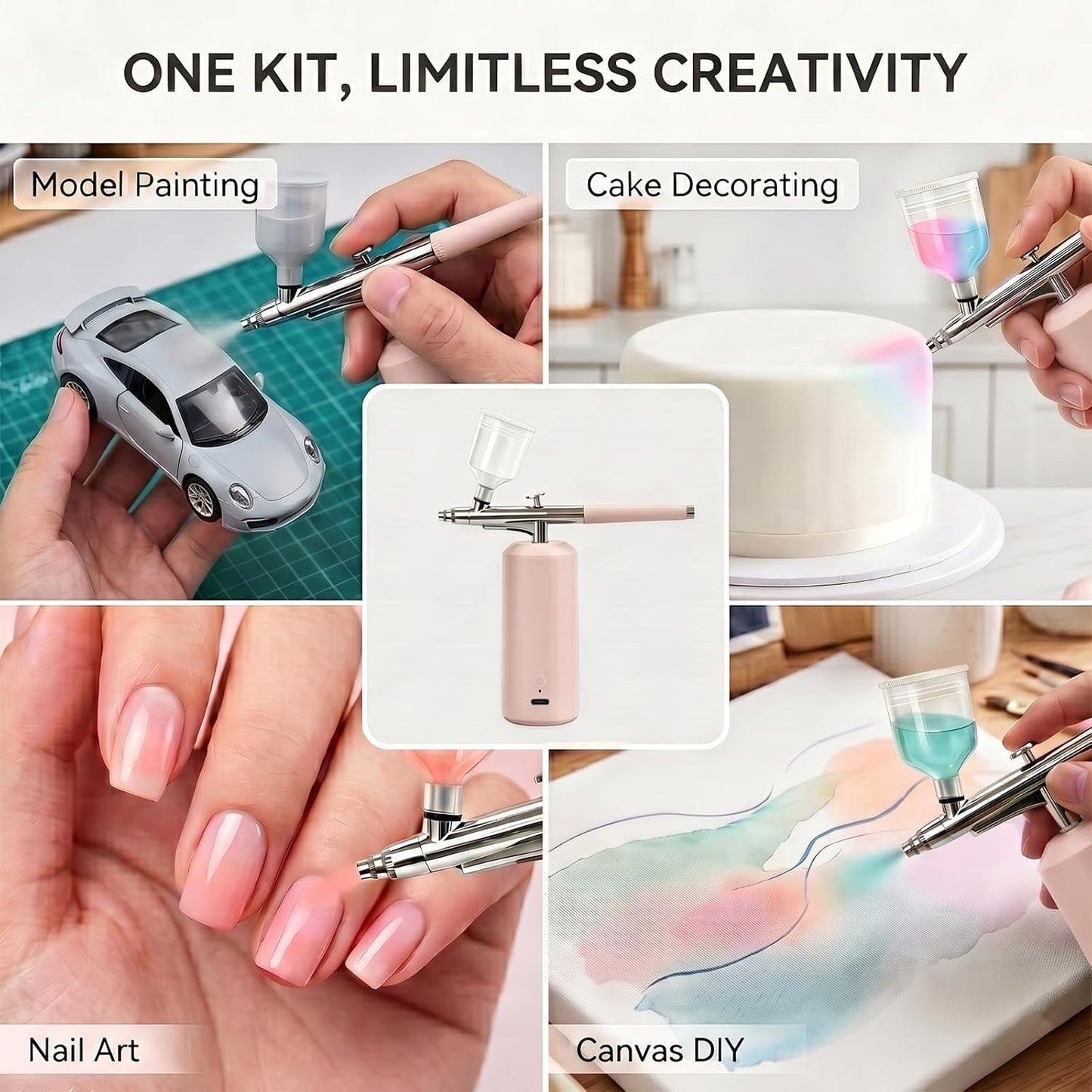 Airbrush Kit with Compressor 48PSI, Cordless Rechargeable High Pressure Air Brush Set, 0.3mm Nozzle & 2 Paint Cups for Painting, Nail Art, Cake Decor, Makeup, Modeling (Pink)
