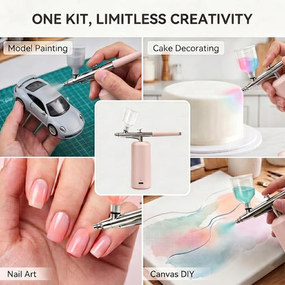 Airbrush Kit with Compressor 48PSI, Cordless Rechargeable High Pressure Air Brush Set, 0.3mm Nozzle & 2 Paint Cups for Painting, Nail Art, Cake Decor, Makeup, Modeling (Pink)