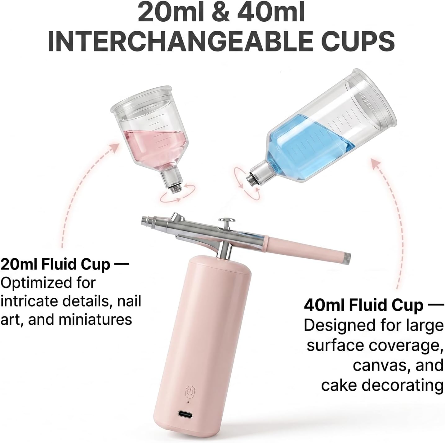 Airbrush Kit with Compressor 48PSI, Cordless Rechargeable High Pressure Air Brush Set, 0.3mm Nozzle & 2 Paint Cups for Painting, Nail Art, Cake Decor, Makeup, Modeling (Pink)