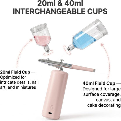 Airbrush Kit with Compressor 48PSI, Cordless Rechargeable High Pressure Air Brush Set, 0.3mm Nozzle & 2 Paint Cups for Painting, Nail Art, Cake Decor, Makeup, Modeling (Pink)