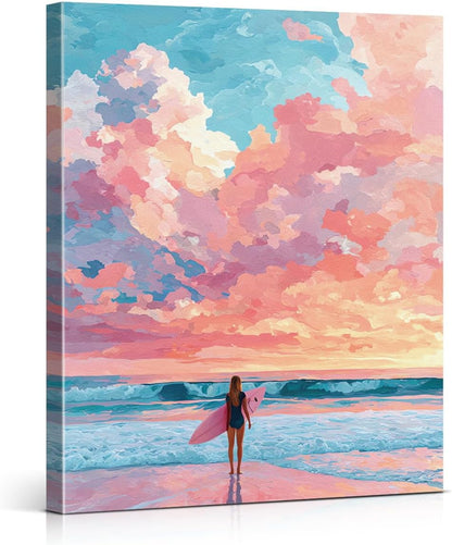 Coastal Pastel Surfer Wall Art Print Pink Ocean Themed Canvas Poster Picture Summer Wall Decor for Home Beach House Living Room 8x10 Inch Framed