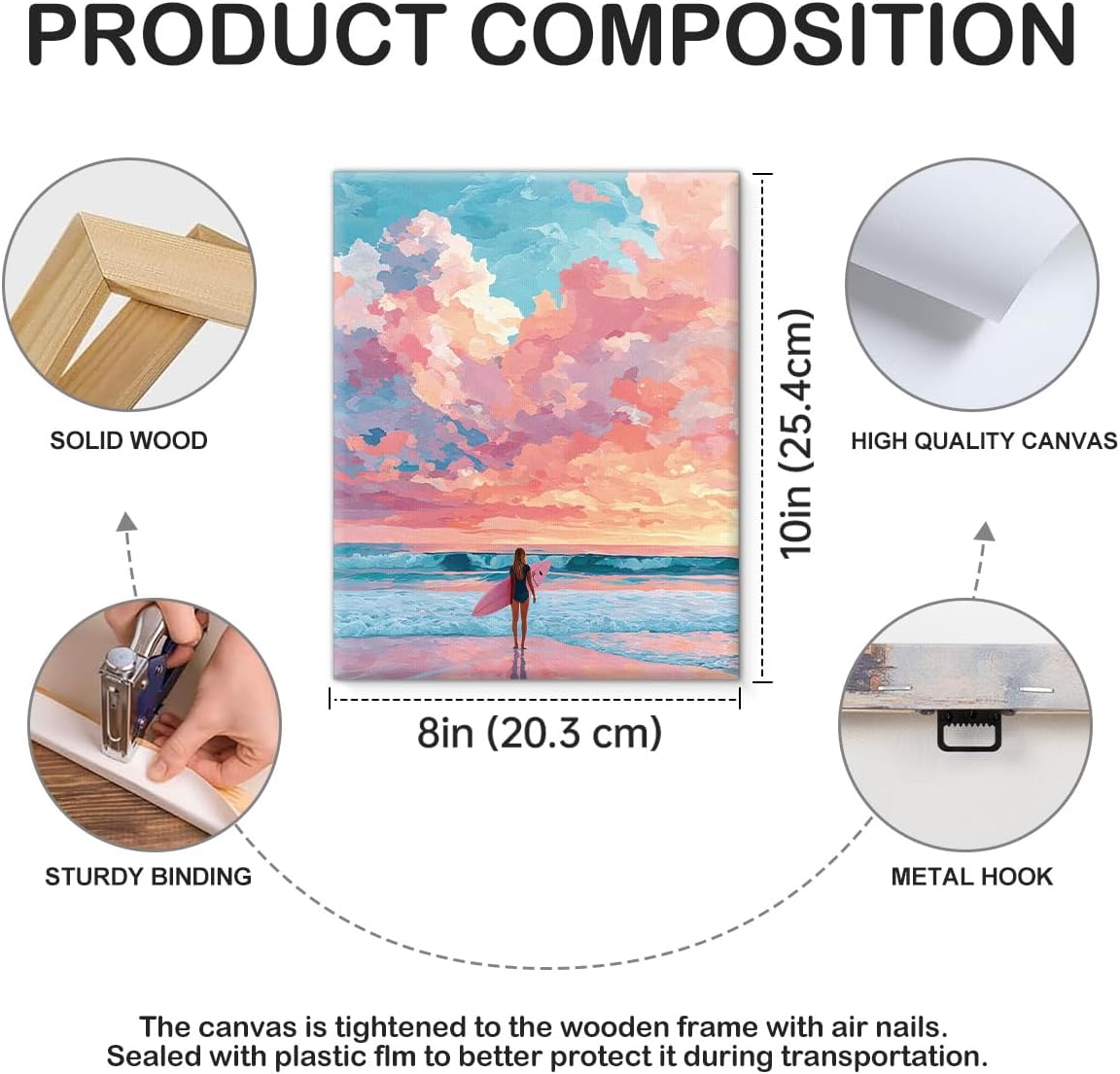 Coastal Pastel Surfer Wall Art Print Pink Ocean Themed Canvas Poster Picture Summer Wall Decor for Home Beach House Living Room 8x10 Inch Framed