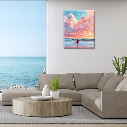 Coastal Pastel Surfer Wall Art Print Pink Ocean Themed Canvas Poster Picture Summer Wall Decor for Home Beach House Living Room 8x10 Inch Framed