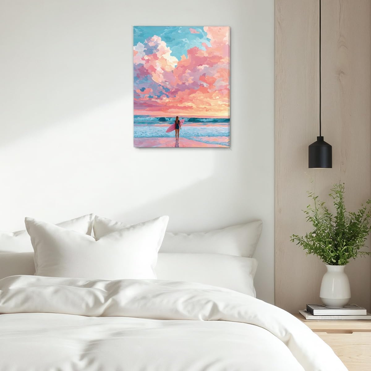 Coastal Pastel Surfer Wall Art Print Pink Ocean Themed Canvas Poster Picture Summer Wall Decor for Home Beach House Living Room 8x10 Inch Framed