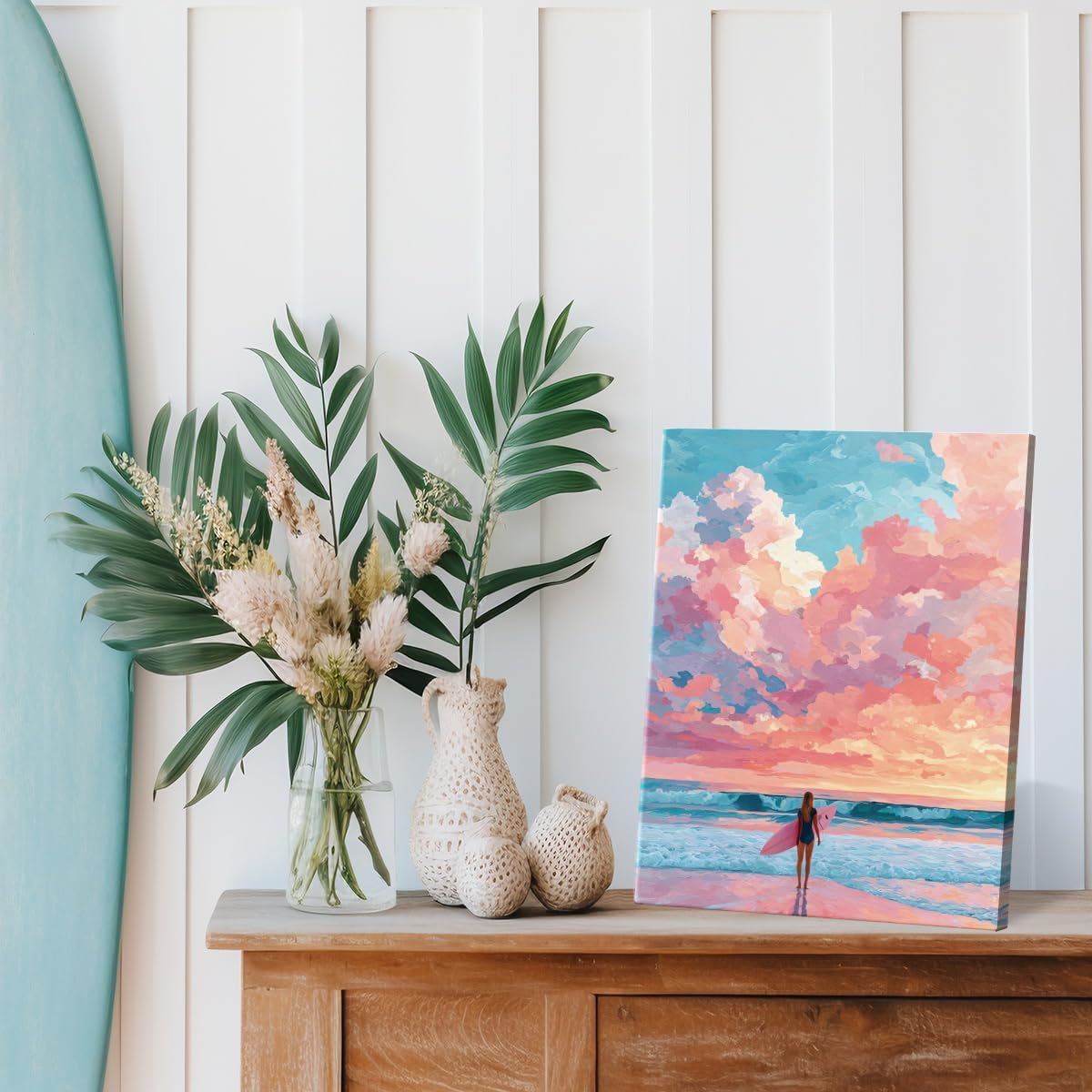 Coastal Pastel Surfer Wall Art Print Pink Ocean Themed Canvas Poster Picture Summer Wall Decor for Home Beach House Living Room 8x10 Inch Framed