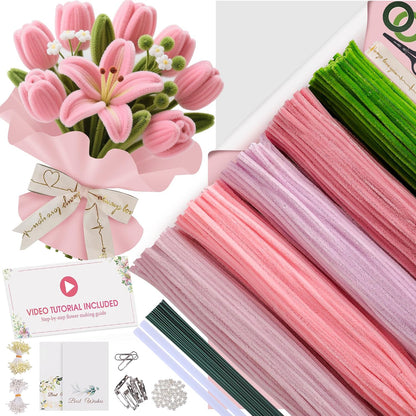 500 Pcs Pipe Cleaners Craft Kit for Flower Making, Pink