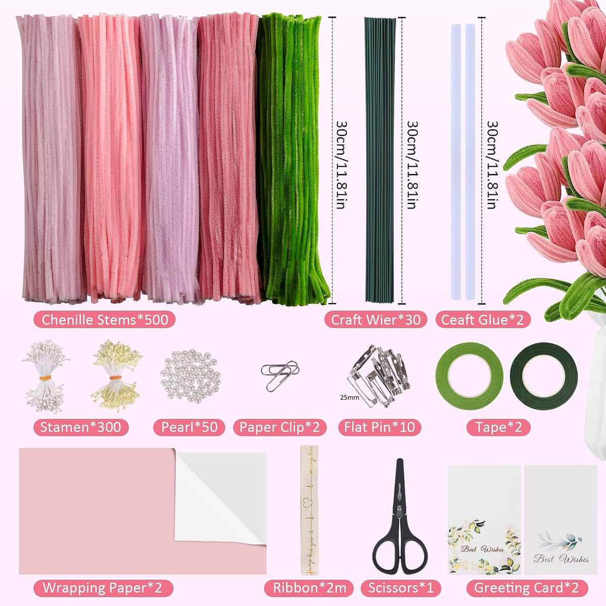 500 Pcs Pipe Cleaners Craft Kit for Flower Making, Pink