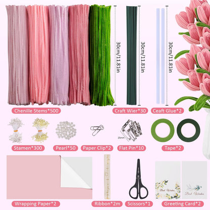 500 Pcs Pipe Cleaners Craft Kit for Flower Making, Pink