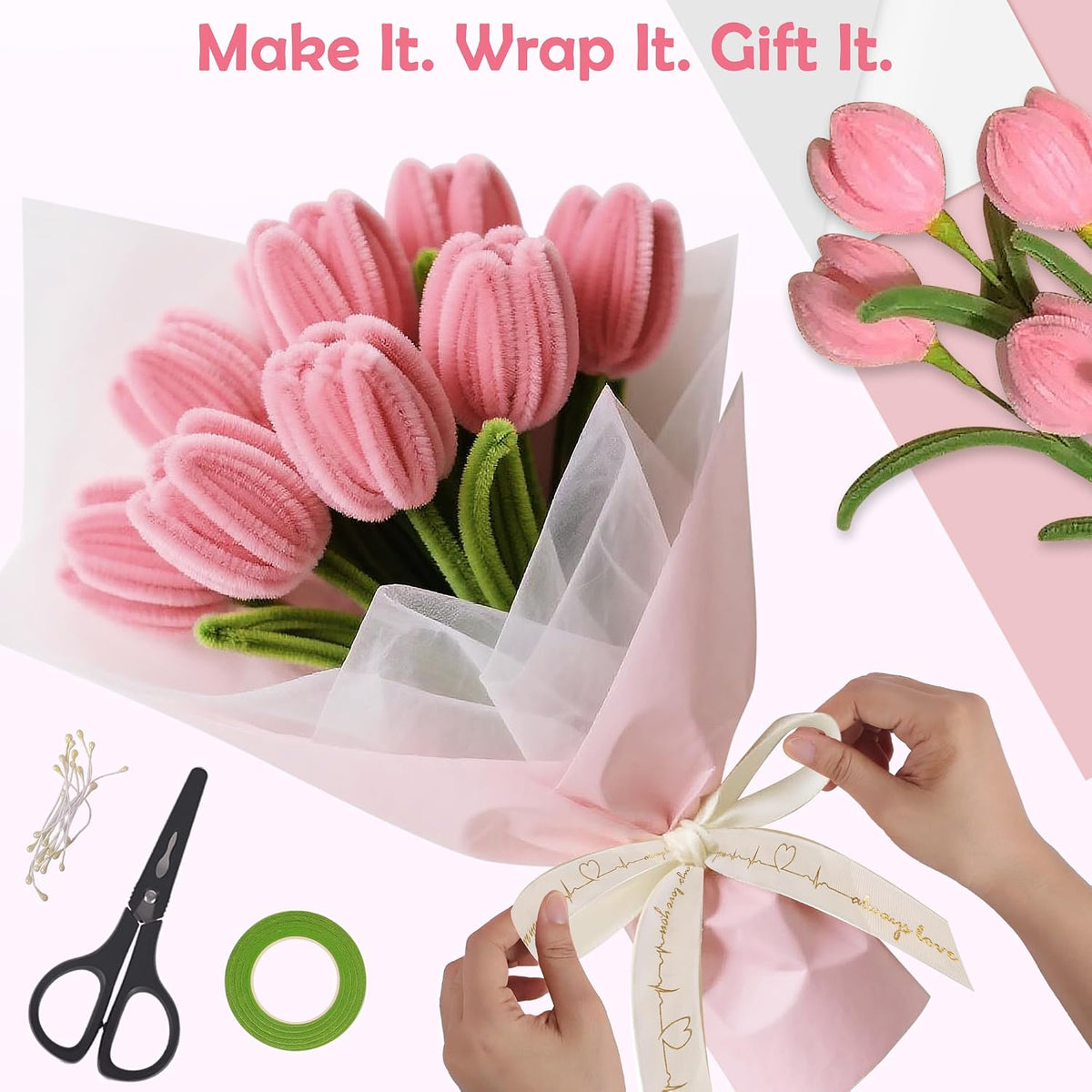 500 Pcs Pipe Cleaners Craft Kit for Flower Making, Pink
