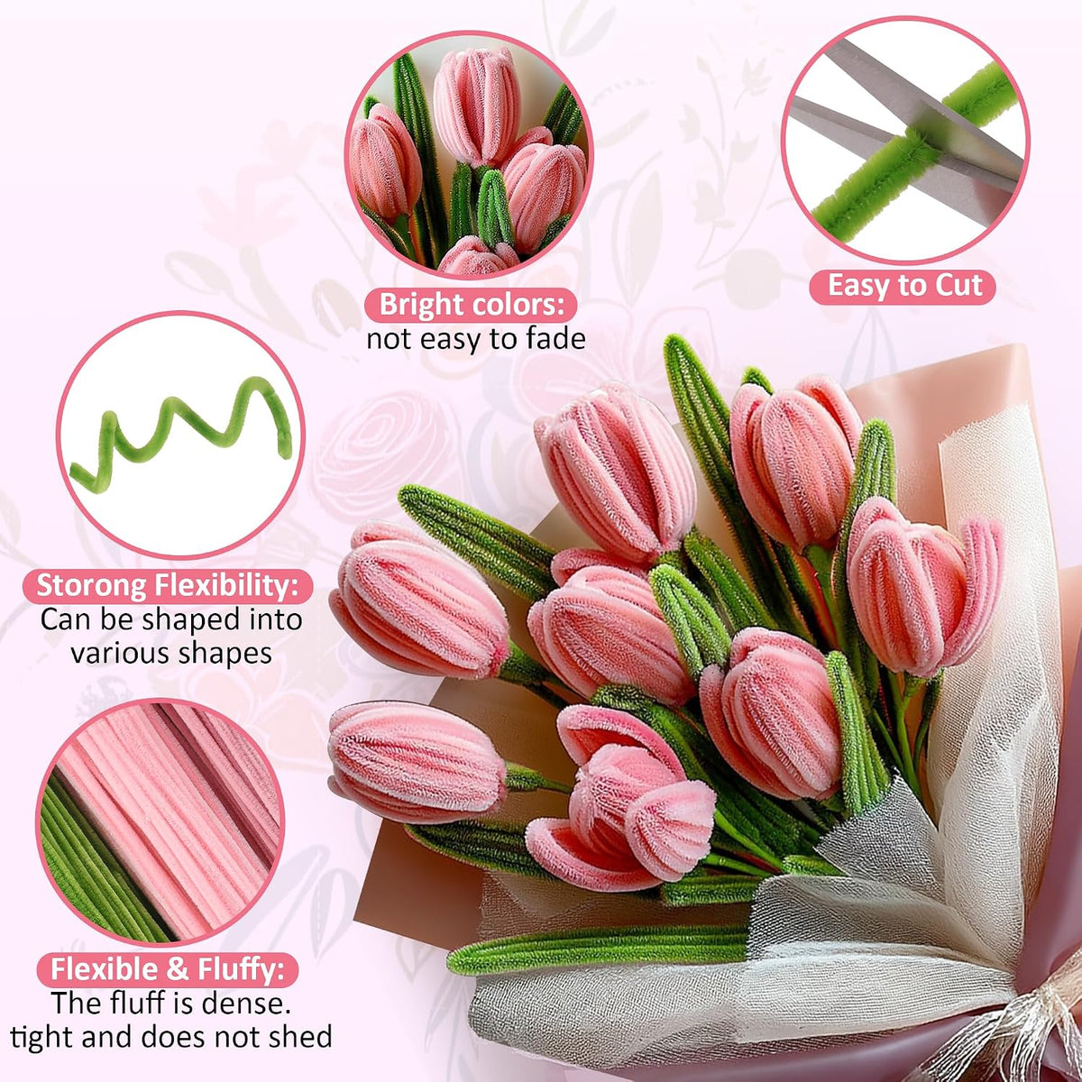 500 Pcs Pipe Cleaners Craft Kit for Flower Making, Pink