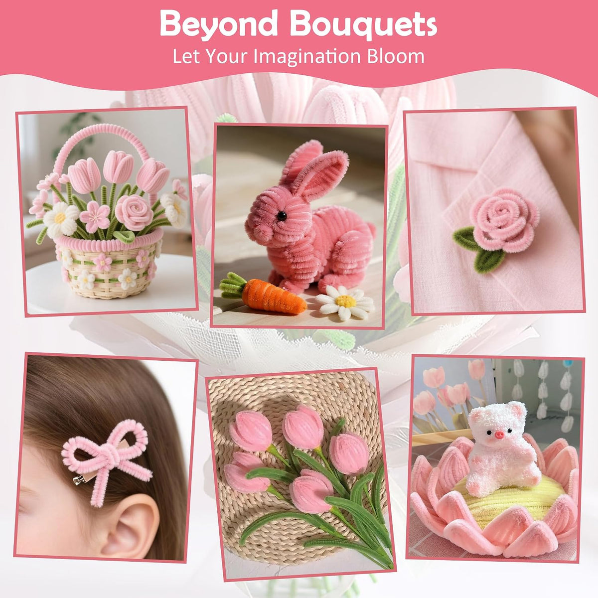 500 Pcs Pipe Cleaners Craft Kit for Flower Making, Pink