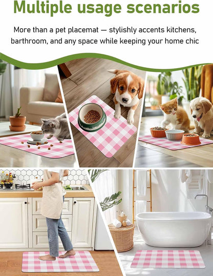 Bathroom Rug Diatomite Stone Bath Mat, Pink Gradient Buffalo Check Absorbent Bath Rug Non Slip Shower Mat, Modern Geometric Grid Quick Dry Bathroom Mat Kitchen Doormat 24x36in