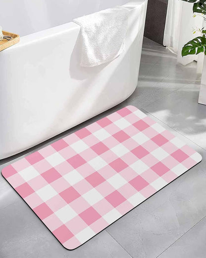 Bathroom Rug Diatomite Stone Bath Mat, Pink Gradient Buffalo Check Absorbent Bath Rug Non Slip Shower Mat, Modern Geometric Grid Quick Dry Bathroom Mat Kitchen Doormat 24x36in