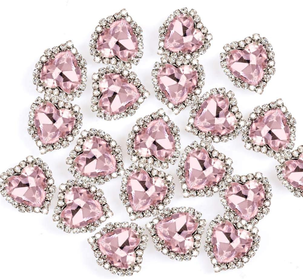 Heart Rhinestones 20pcs Sew on Rhinestones Buttons Embellishments with Diamond,14mm Heart Rhinestone Flatback,Pink