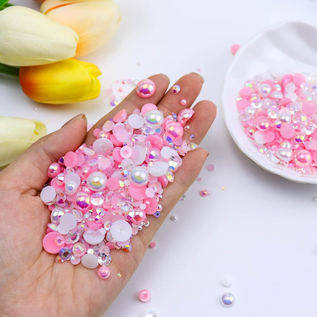 60g Flatback Pearls and Rhinestones for Crafts, 3620PCS 2mm-10mm Mix for Nails Face Art Tumblers, with Tweezers Wax Pen, White|Pinks