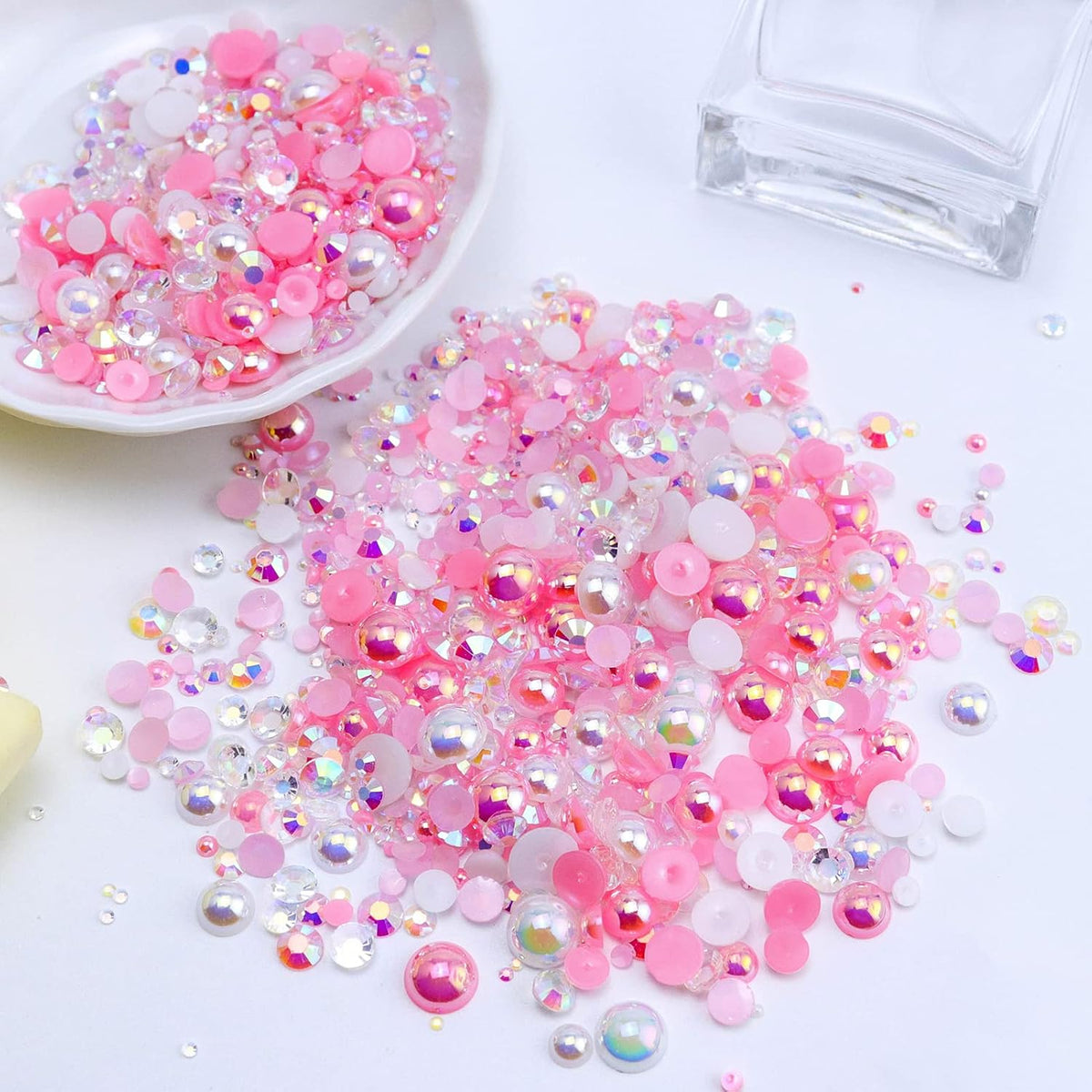 60g Flatback Pearls and Rhinestones for Crafts, 3620PCS 2mm-10mm Mix for Nails Face Art Tumblers, with Tweezers Wax Pen, White|Pinks