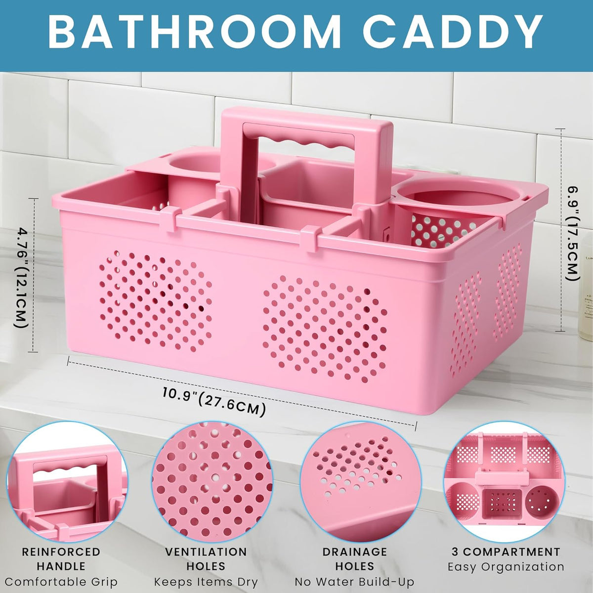 Portable Shower Caddy Dorm: Features handles and adjustable compartments，Ventilation and Drainage Hole Design Cleaning Basket，ideal for toiletries， Essential for college dorms-pink