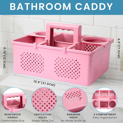 Portable Shower Caddy Dorm: Features handles and adjustable compartments，Ventilation and Drainage Hole Design Cleaning Basket，ideal for toiletries， Essential for college dorms-pink