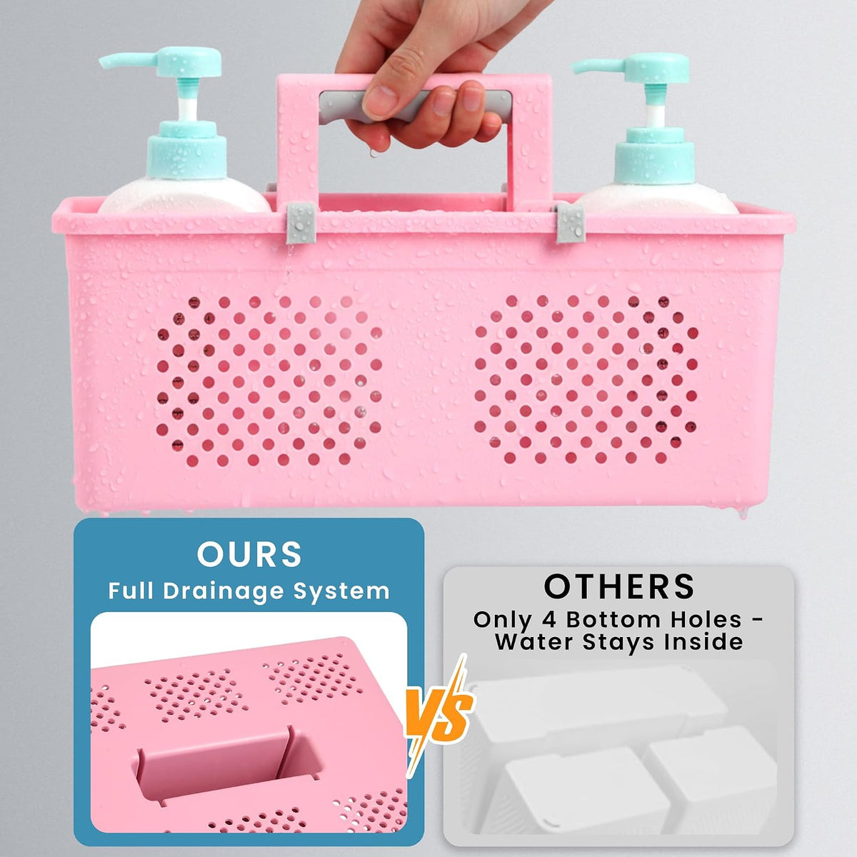Portable Shower Caddy Dorm: Features handles and adjustable compartments，Ventilation and Drainage Hole Design Cleaning Basket，ideal for toiletries， Essential for college dorms-pink