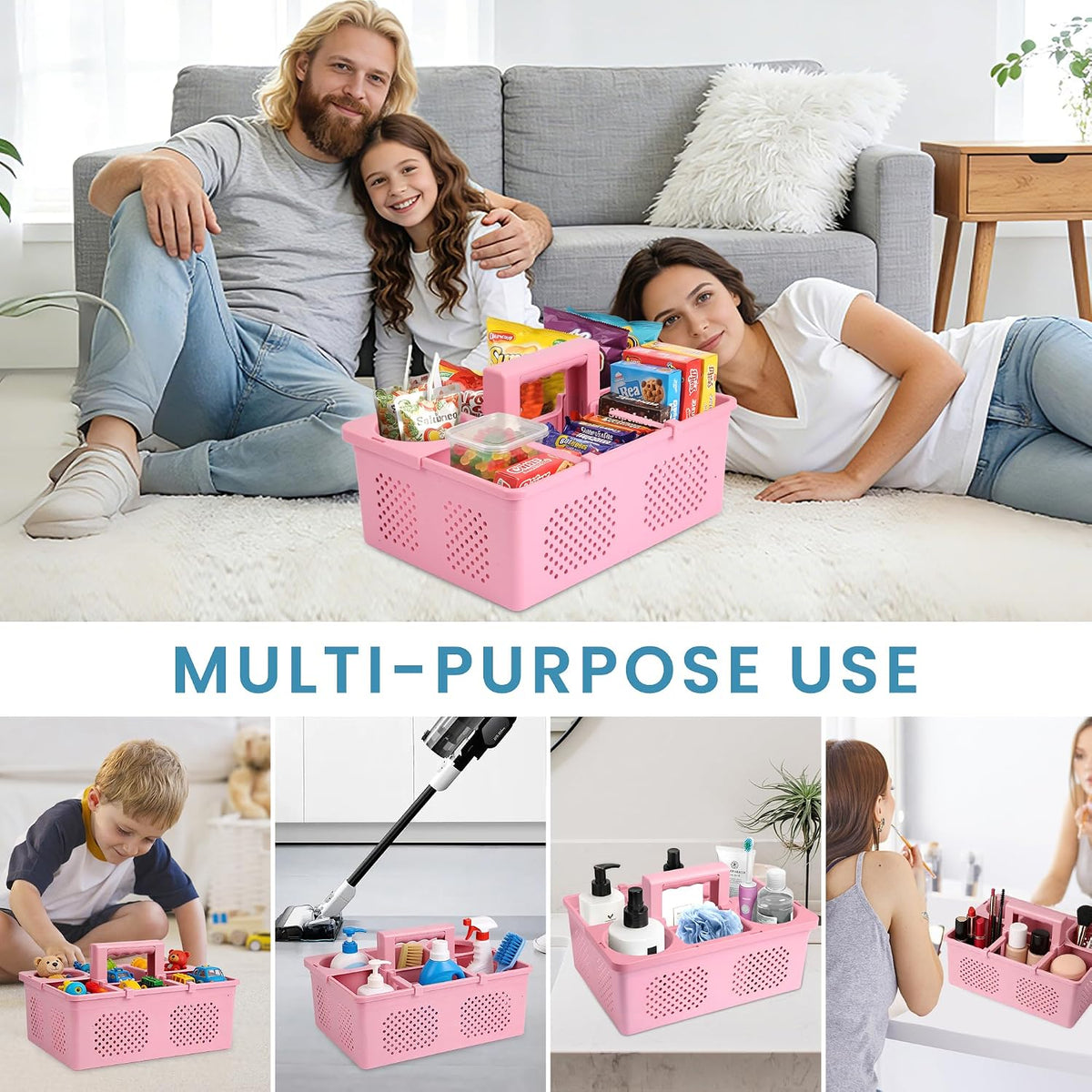 Portable Shower Caddy Dorm: Features handles and adjustable compartments，Ventilation and Drainage Hole Design Cleaning Basket，ideal for toiletries， Essential for college dorms-pink